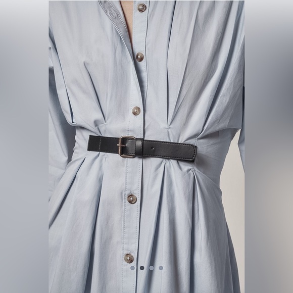 NWT By Anthropologie Pleated Buckle Midi Shirt Dress in Blue - Picture 2 of 9